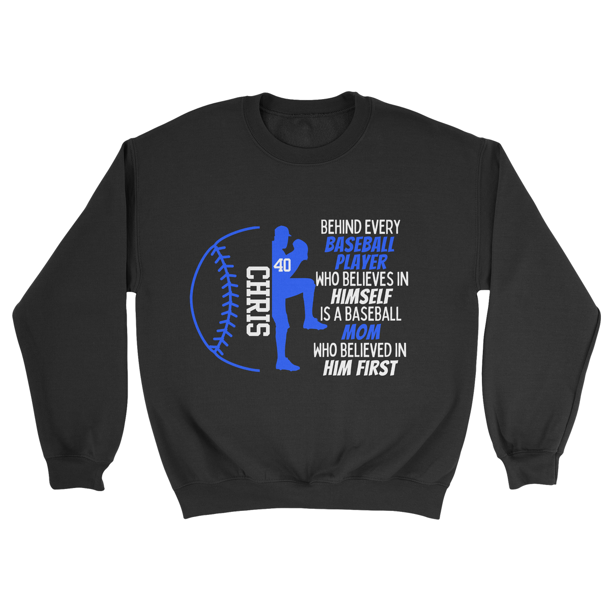 Baseball Parent Crewneck Sweatshirt in black with blue text